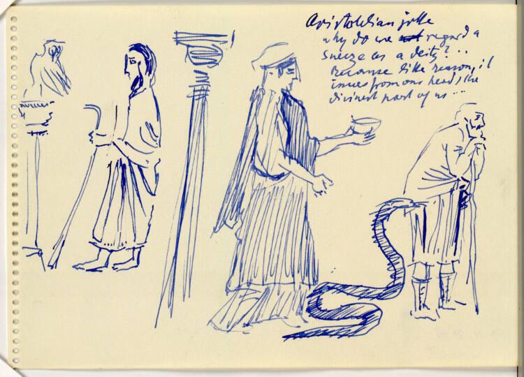 Oskar Kokoschka, Zwei Szenen, durch eine Säule getrennt: Eule und Mann mit Stock; Dame mit Scha…