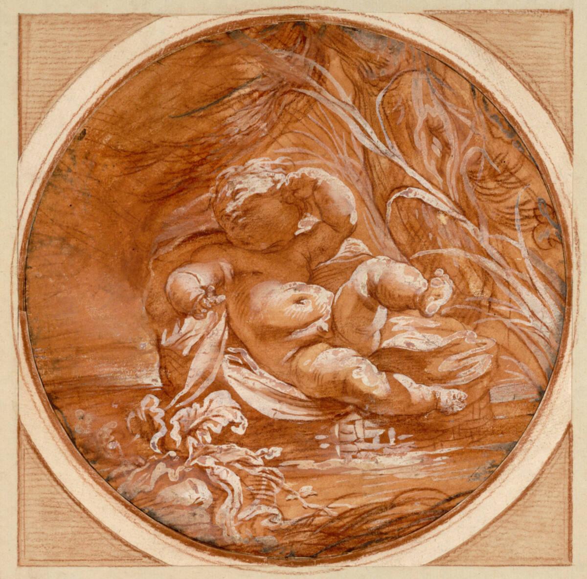 Bartolomeo Biscaino, Der Mosesknabe im Binsenkörbchen (Tondo), Inv. Nr.: 2884