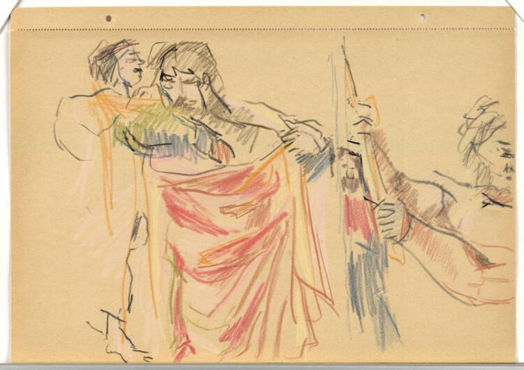Oskar Kokoschka, Ausschnitt aus "Paulus Opferverehrung in Lystra"; Teppich-Karton von Raffael; …