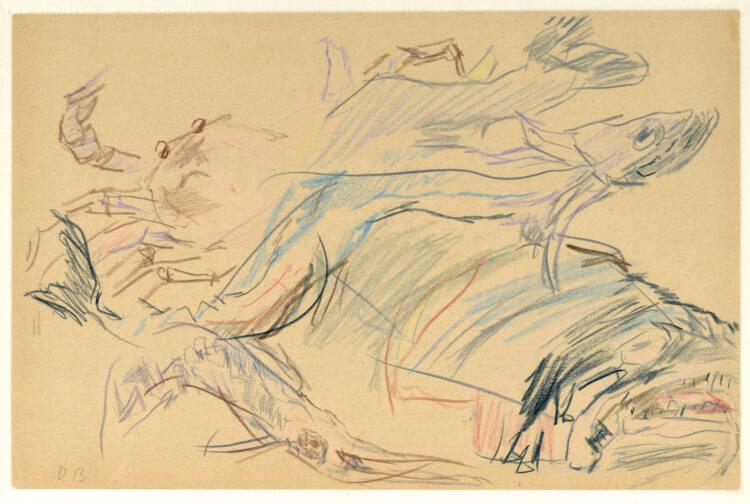 Oskar Kokoschka, Fische aus dem "Wundersamen Fischfang"; Teppich-Karton von Raffael; Victoria a…