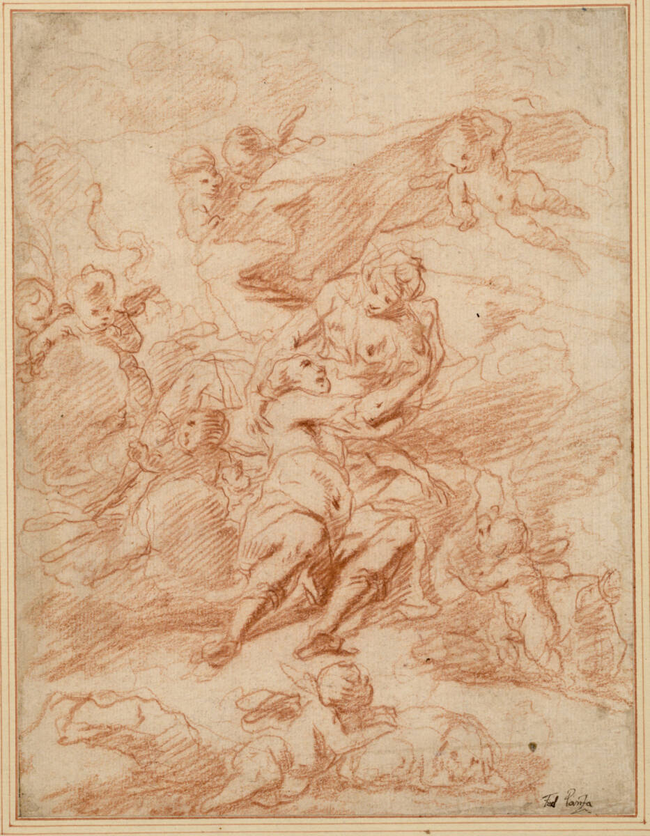 Venus versucht, Adonis zurückzuhalten. Unten stützt sich ein Putto auf den Jagdhund des Adonis (Telesko), FedericoPanza