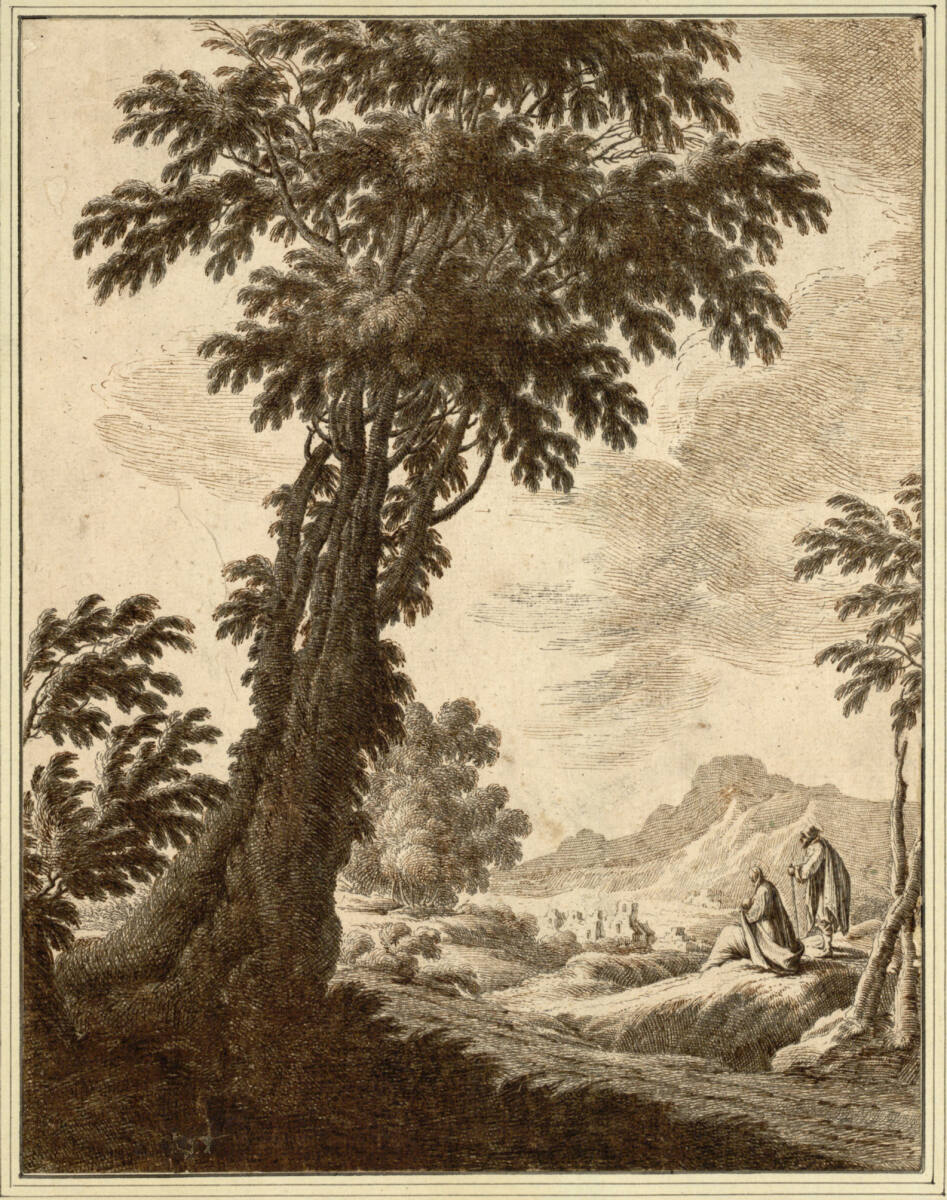 Bergige Landschaft mit einem dominierenden Baum und einer Ruhe auf der Flucht, Lodovico Mattioli