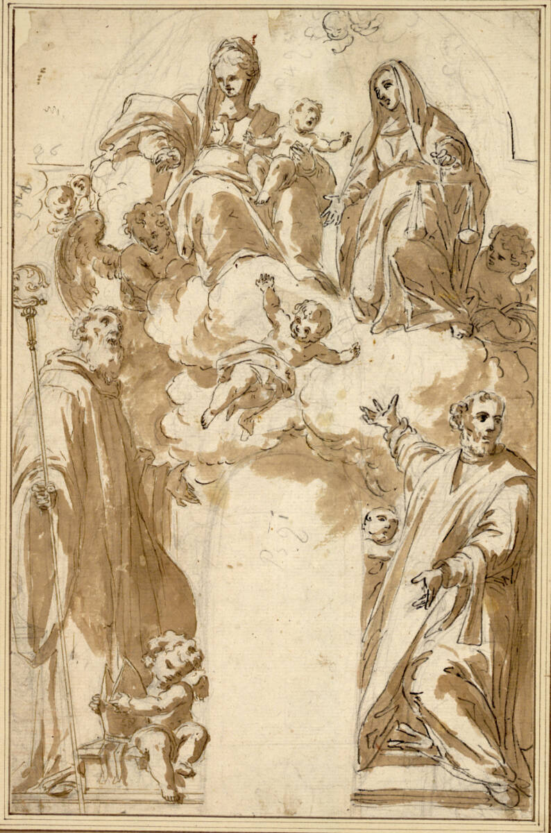 Maria mit dem Kind und Justitia; links unten der heilige Benedikt von Nursia rechts Heiliger (Jesuit?) mit Kasel mit Manipel, Pietro da Pietri