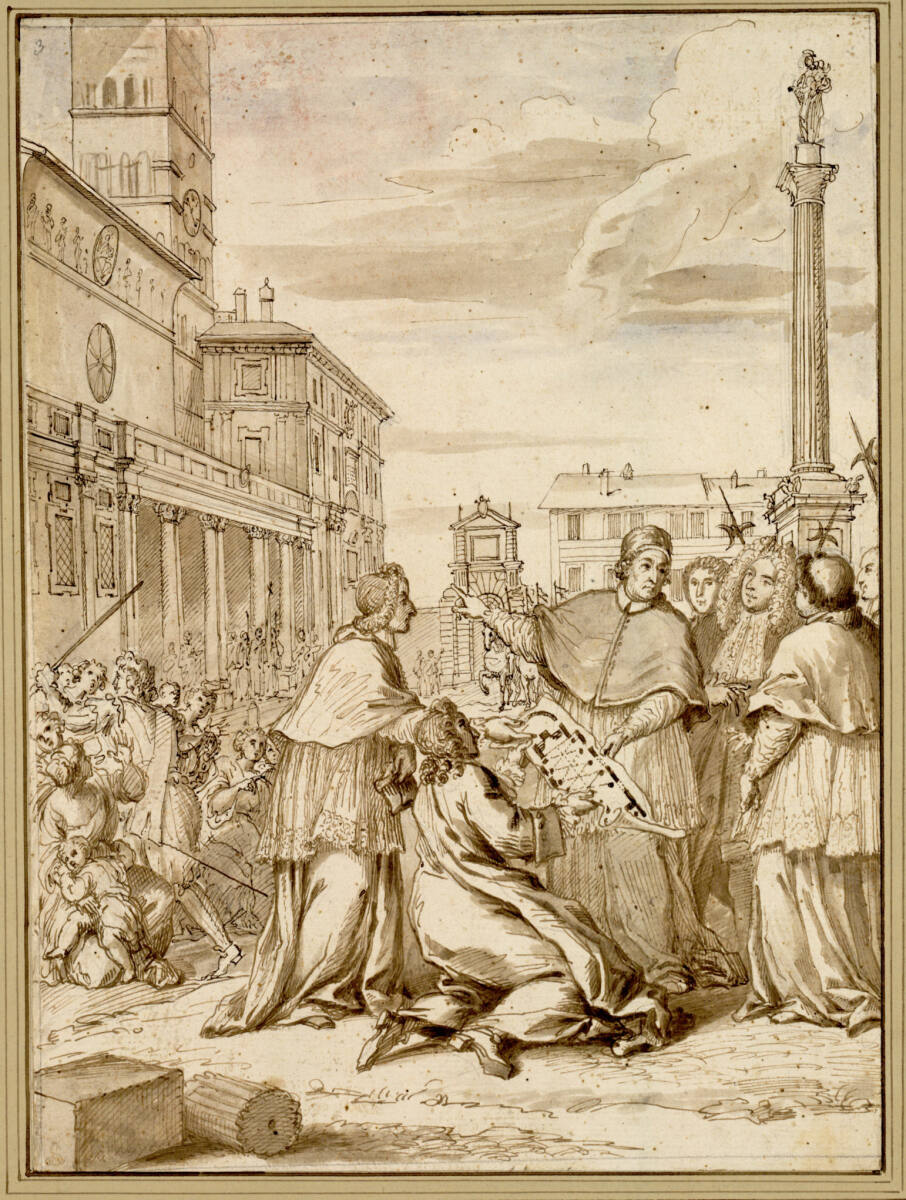 Clemens XI. Albani inspiziert die Arbeiten der Wiederherstellung der Mosaikfassade von S. Maria Maggiore, Pier Leone Ghezzi