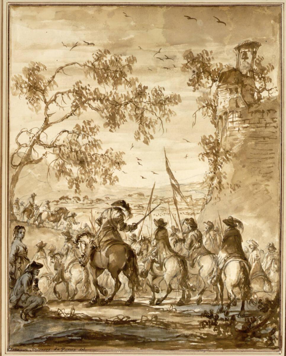 Francesco Simonini, Durch eine Baumlandschaft ziehende Kavallerie in Rückenansicht; rechts ein …