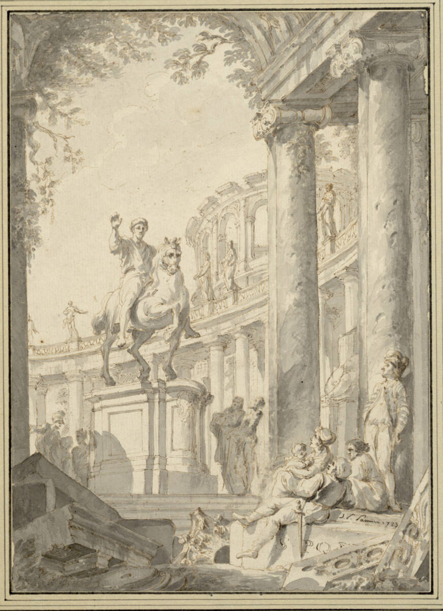 Die Statue des Marc Aurel mit Staffagefiguren und antikisierendem Säulenrundbau im Hintergrund, Giovanni Paolo Panini, 1723