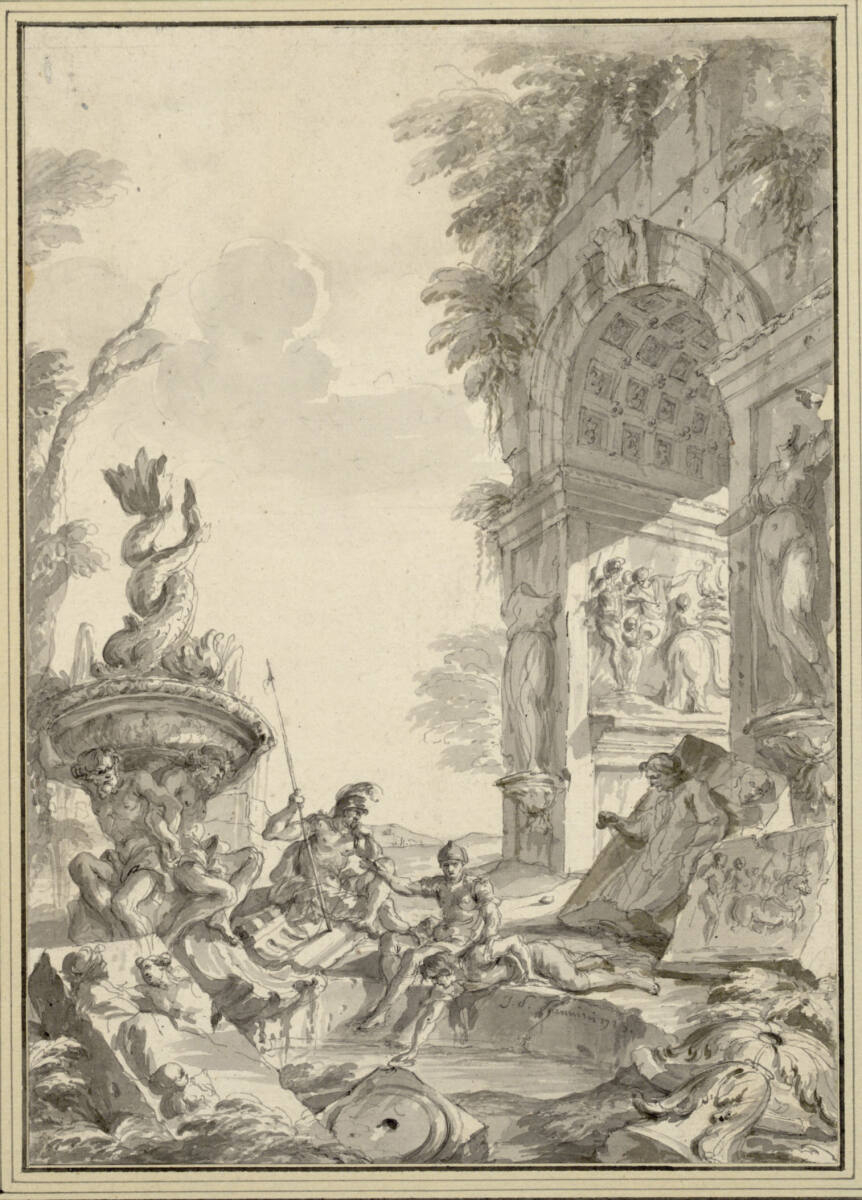Ruine eines römischen Triumphbogens mit Delphinbrunnen, am Rande des Beckens sitzen zwei Soldaten, Giovanni Paolo Panini, 1723