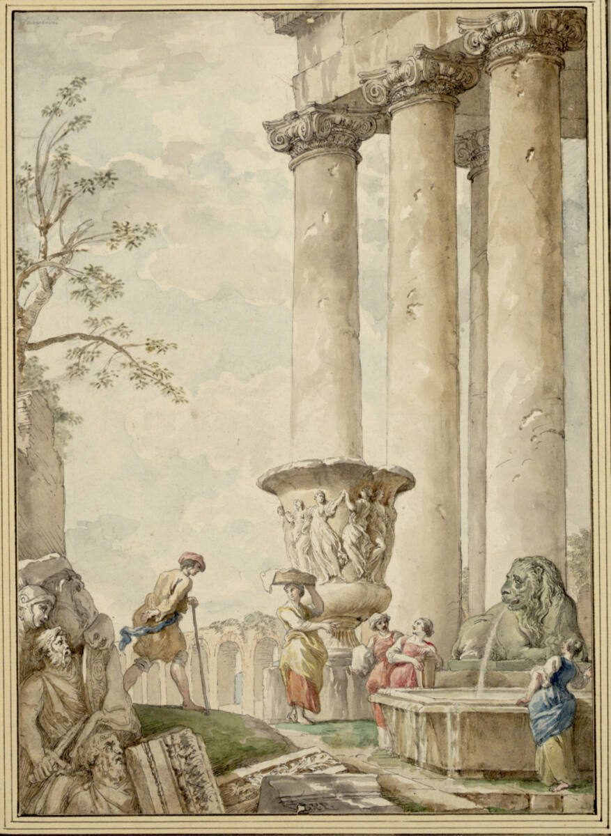 Tempelruine; in der Mitte eine Reliefamphore, rechts daneben ein Brunnenbecken mit einem Wasser speienden Löwen; im Hintergrund die Reste eines Aquädukts; Staffagefiguren, Giovanni Paolo Panini