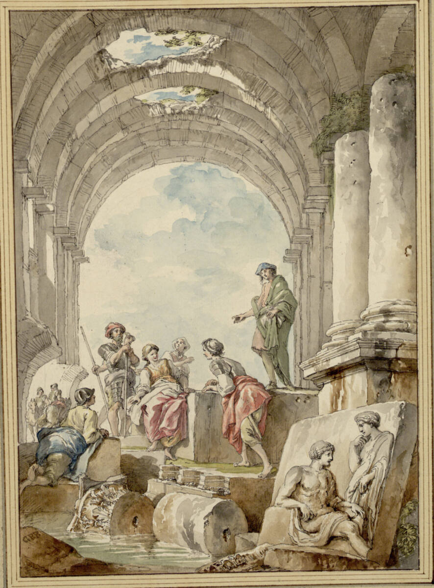 Bogenhalle mit eingebrochener Decke und einer Gruppe von Staffagefiguren; rechts vorne angelehnt eine antike Reliefplatte; Säulenfragmente liegen im Wasser, Giovanni Paolo Panini