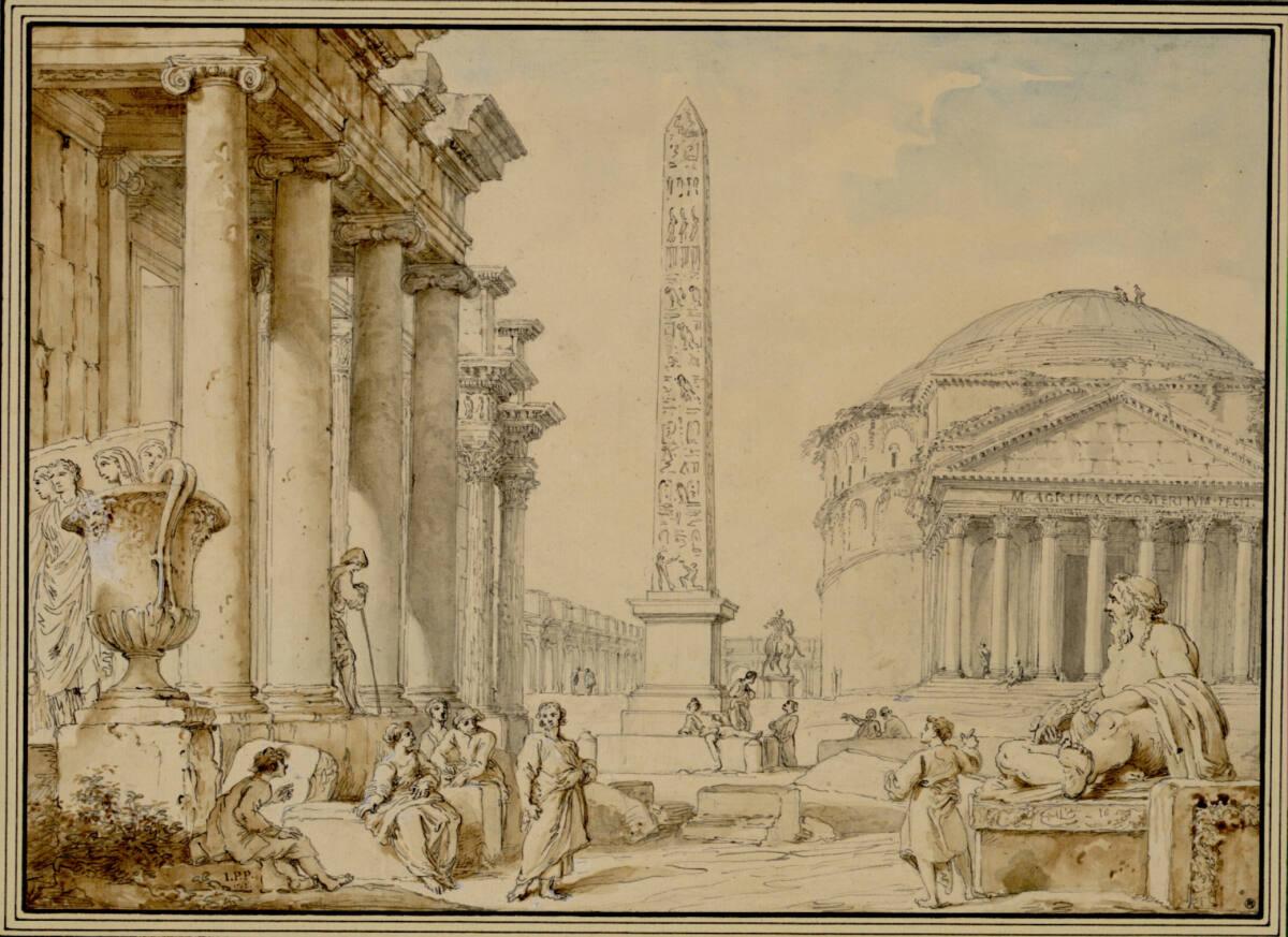 Giovanni Paolo Pannini, Römische Vedute mit einem Tempel mit ionischen Säulen, den Kolonnaden d…