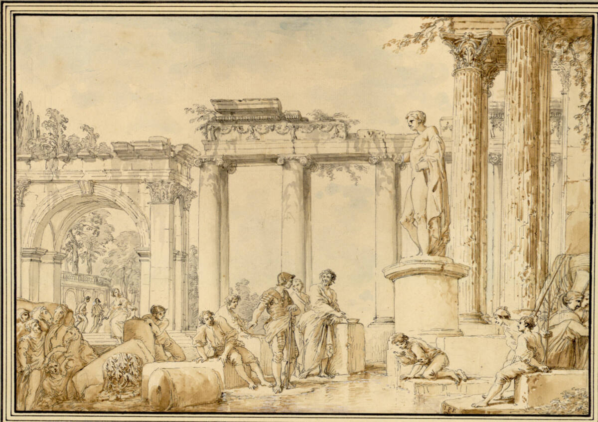 Diogenes beobachtet einen Jüngling in einer Ruinenlandschaft beim Wasserschöpfen, Giovanni Paolo Panini, 1762