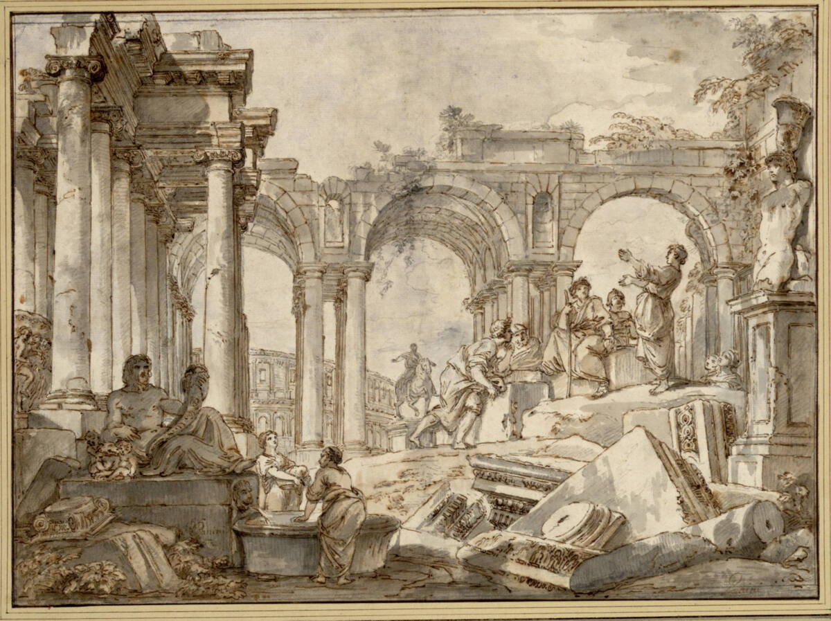 Amphitheater des Titus. (Links die Statue des Tibers; rechts erhöht ein rezitierender Schauspieler (?) vor antikisch gekleideten Zuhörern; im Hintergrund die Statue Marc Aurels und das Kolosseum), Giovanni Paolo Panini