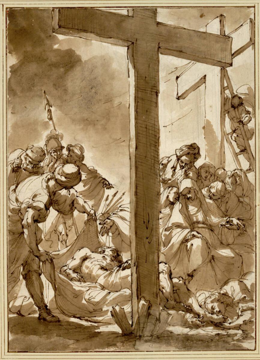 Ubaldo Gandolfi, Beweinung Christi am Fuße des Kreuzes. Vier Soldaten haben Christus vom Kreuz …