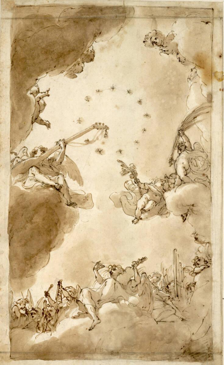 Ubaldo Gandolfi, Musizierende Engel auf Wolken in Untersicht; identifizierbar sind Theorbe, Cis…