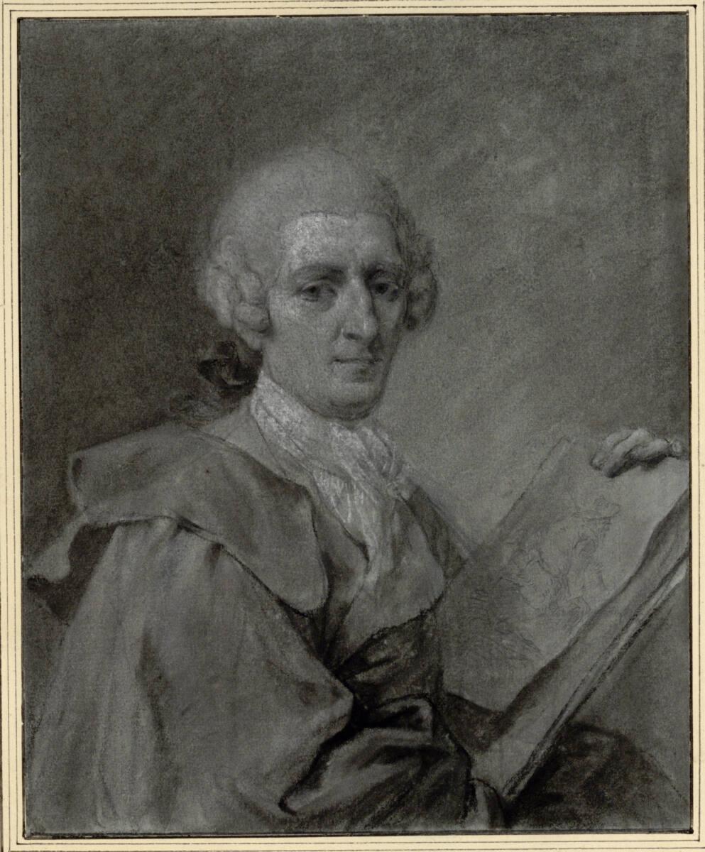 Francesco Londonio, Selbstbildnis des Künstlers; auf dem obersten Blatt des Zeichenblocks, den …
