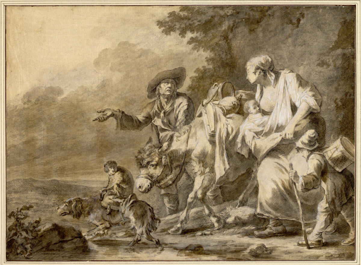 Savoyardenfamilie in einer Landschaft unterwegs nach links; ihnen voran sitzt ein Affe auf dem Rücken eines Hundes, Francesco Londonio