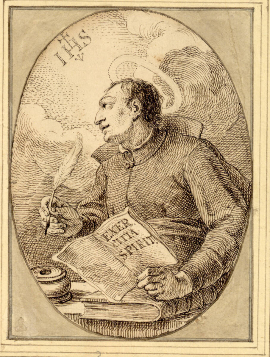 Der heilige Ignatius von Loyola in Halbfigur, der sich anschickt, in ein Buch zu schreiben (stehendes Oval), Francesco del Pedro