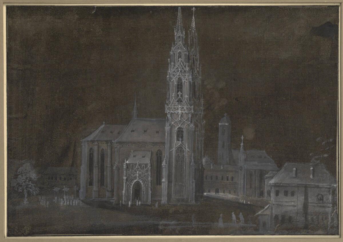 Anonym, Stadtplatz mit gotischem Dom, in den eine Prozession einzieht, Inv. Nr.: 3001