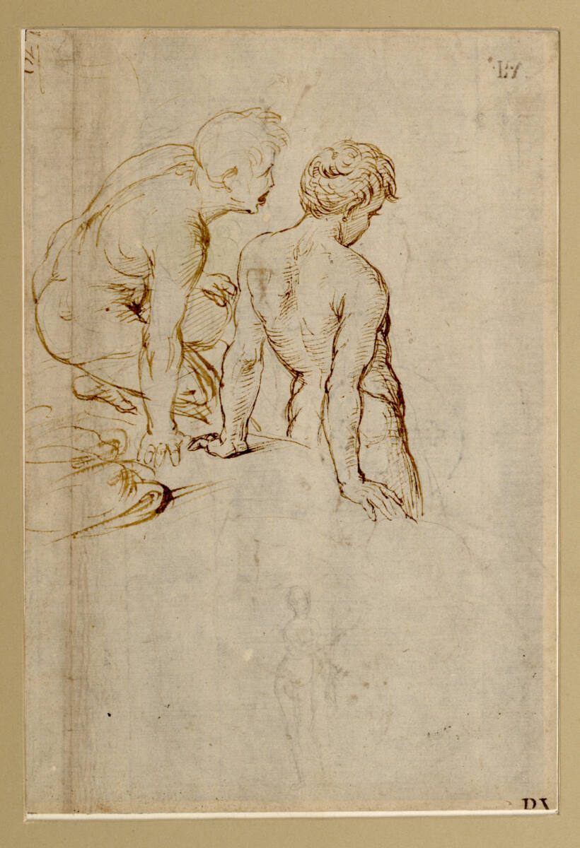 Studien zweier nackter Jünglinge auf einem Hügel, Skizze eines weiblichen Aktes, Raphael