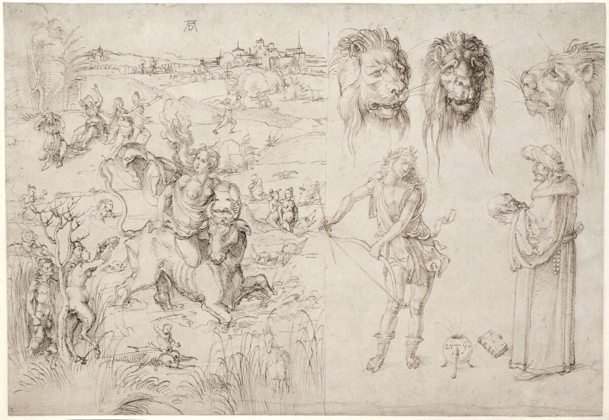 Skizzenblatt mit dem Raub der Europa, Löwen, Apollo und einem Orientalen, Albrecht Dürer, 1494–1495