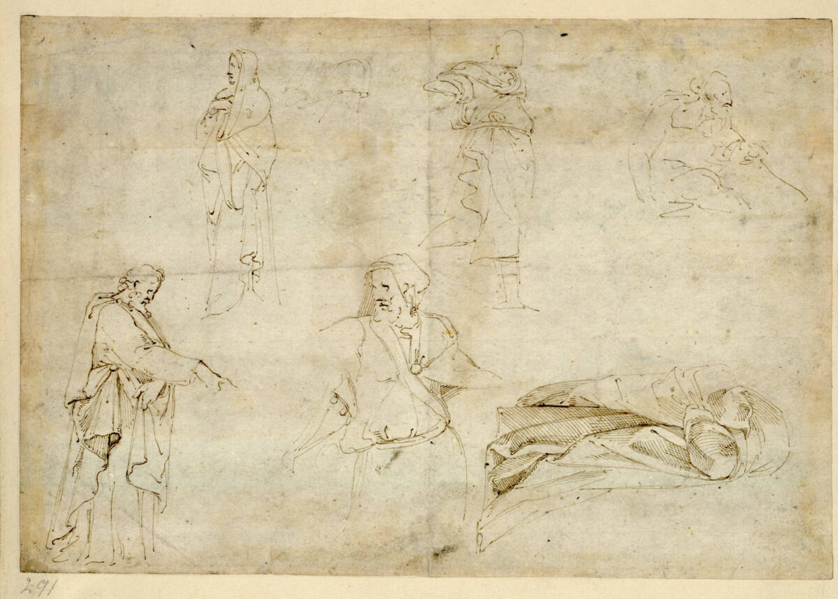 Fünf Studien für den Paulus in Raffaels 'Schule von Athen'; eine stehende Frauengestalt in Mantel und Kapuze, Girolamo da Carpi