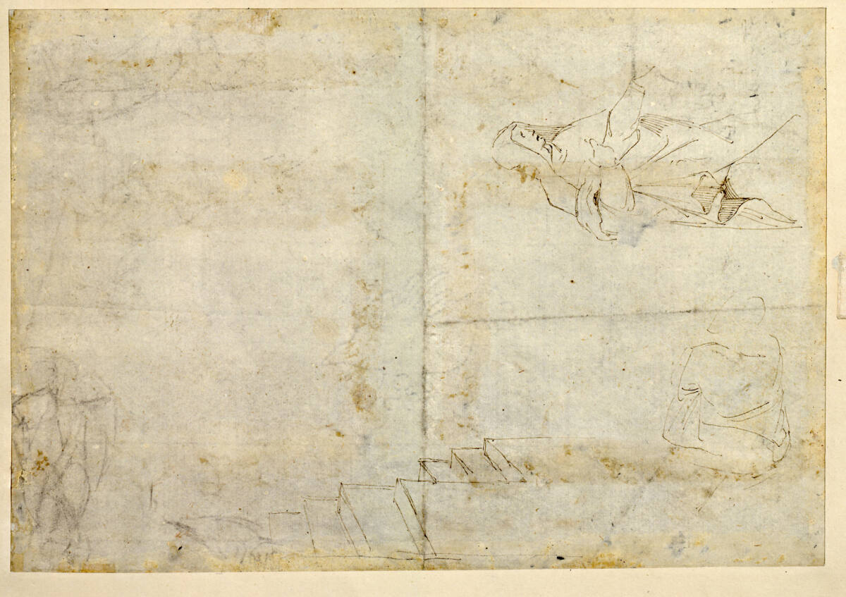 Weibliche Gestalt in Mantel und Kapuze; sitzende Figur; Architekturfragment, Girolamo da Carpi