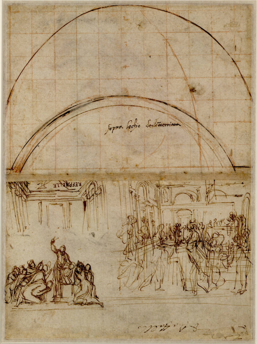 Links vorne Opferung eines Kindes; rechts Versammlung in einem Innenraum (Gericht?); darüber Architekturentwürfe, Bernardino Poccetti