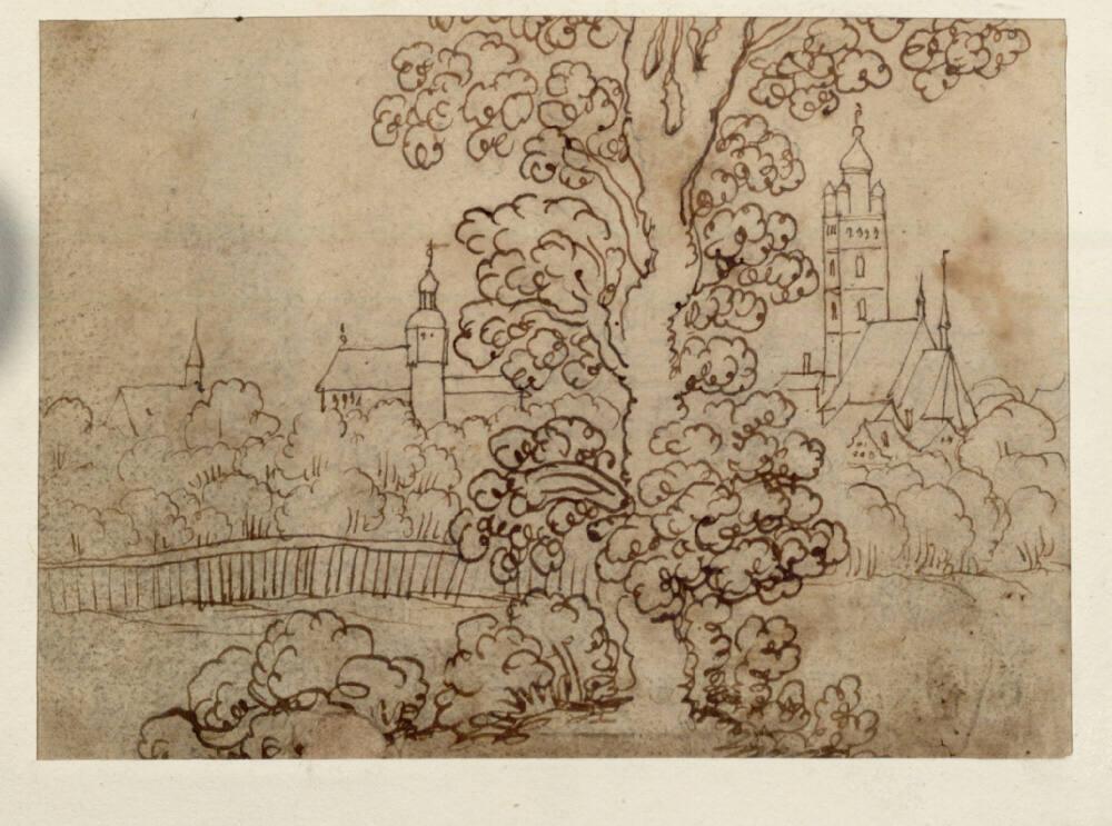 Valentin Wagner, Reiseskizzenbuch: Blick auf drei Kirchen einer Stadt, die hinter Bäumen aufste…