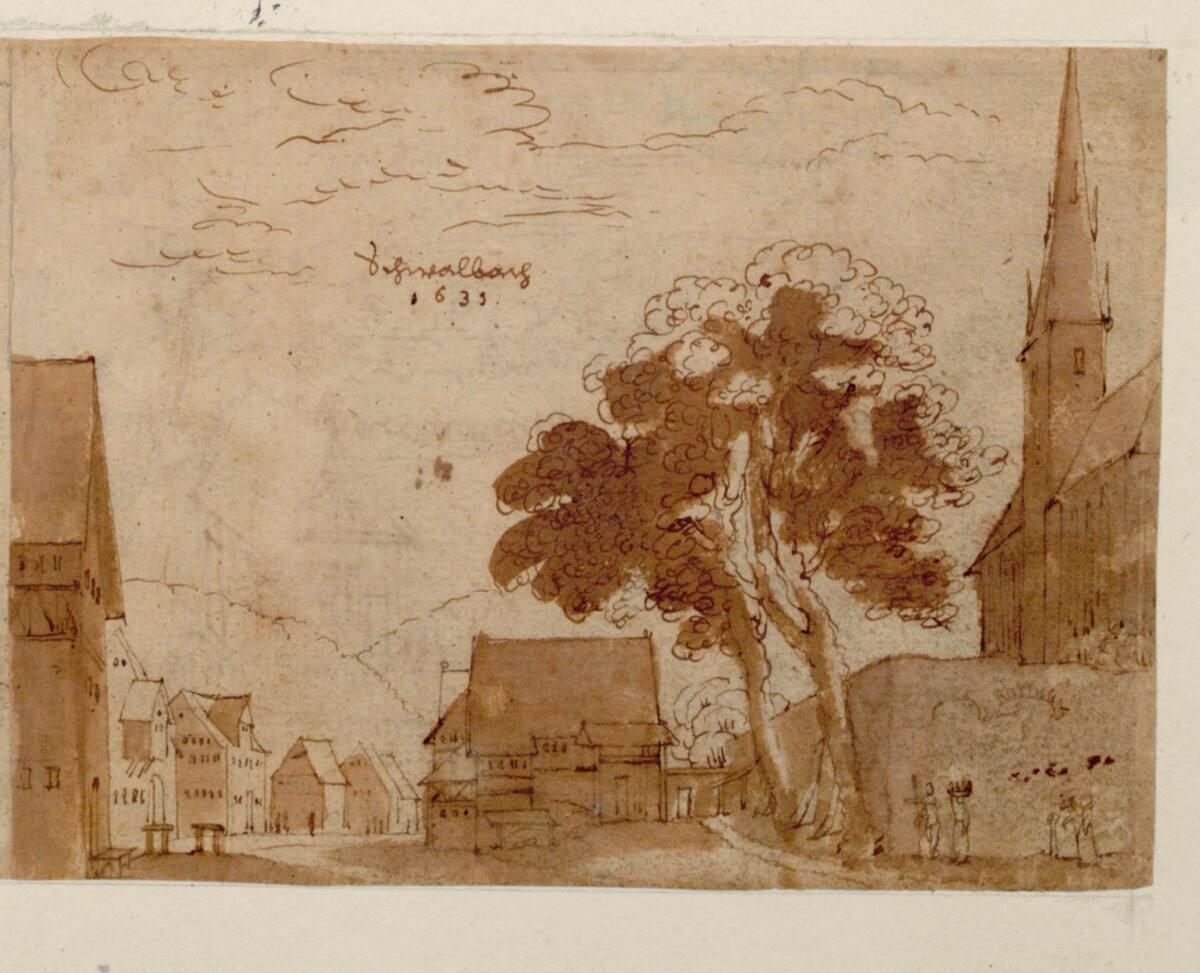 Valentin Wagner, Reiseskizzenbuch: Platz vor der Kirche und Straße in Schwalbach, Inv. Nr.: 337…
