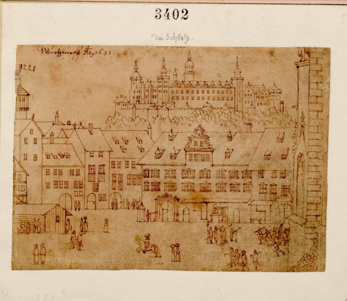 Valentin Wagner, Reiseskizzenbuch: Der Marktplatz in Würzburg mit dem Blick gegen die Veste, In…
