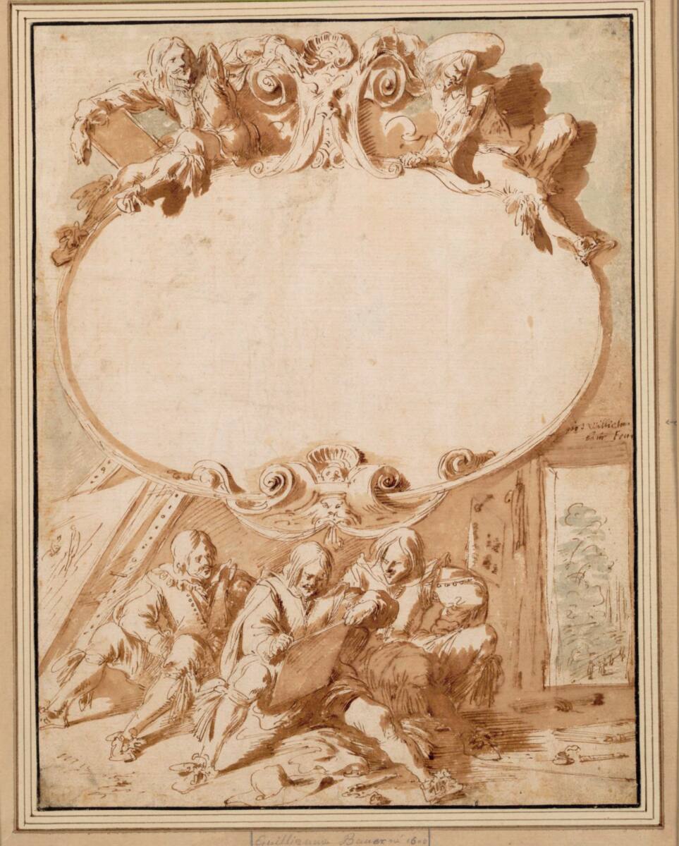 Titelblattentwurf: Kartusche mit zeichnenden Malern, Johann Wilhelm Baur