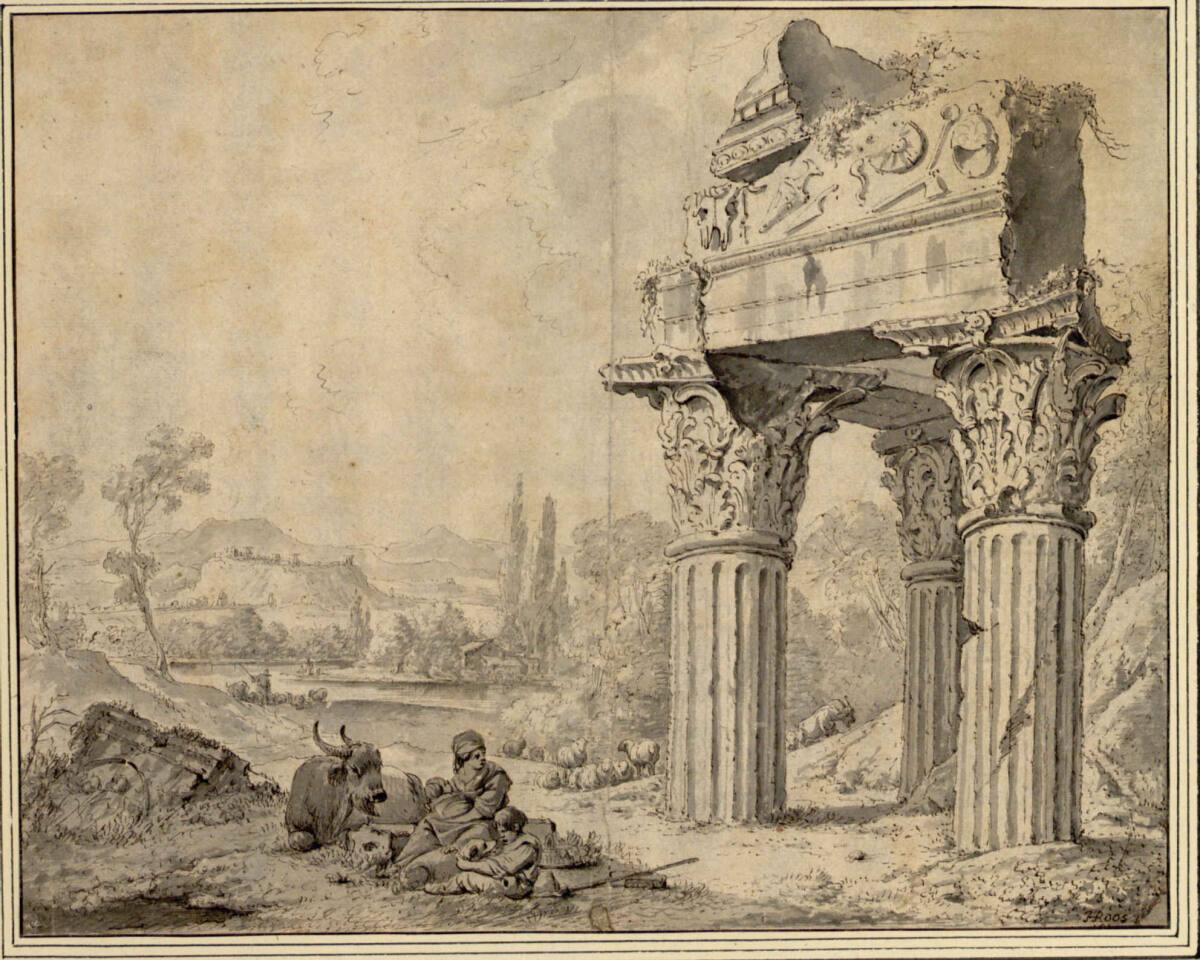 Johann Heinrich Roos, Italienische Flusslandschaft mit Tempelruine und Herde, im Vordergrunde l…