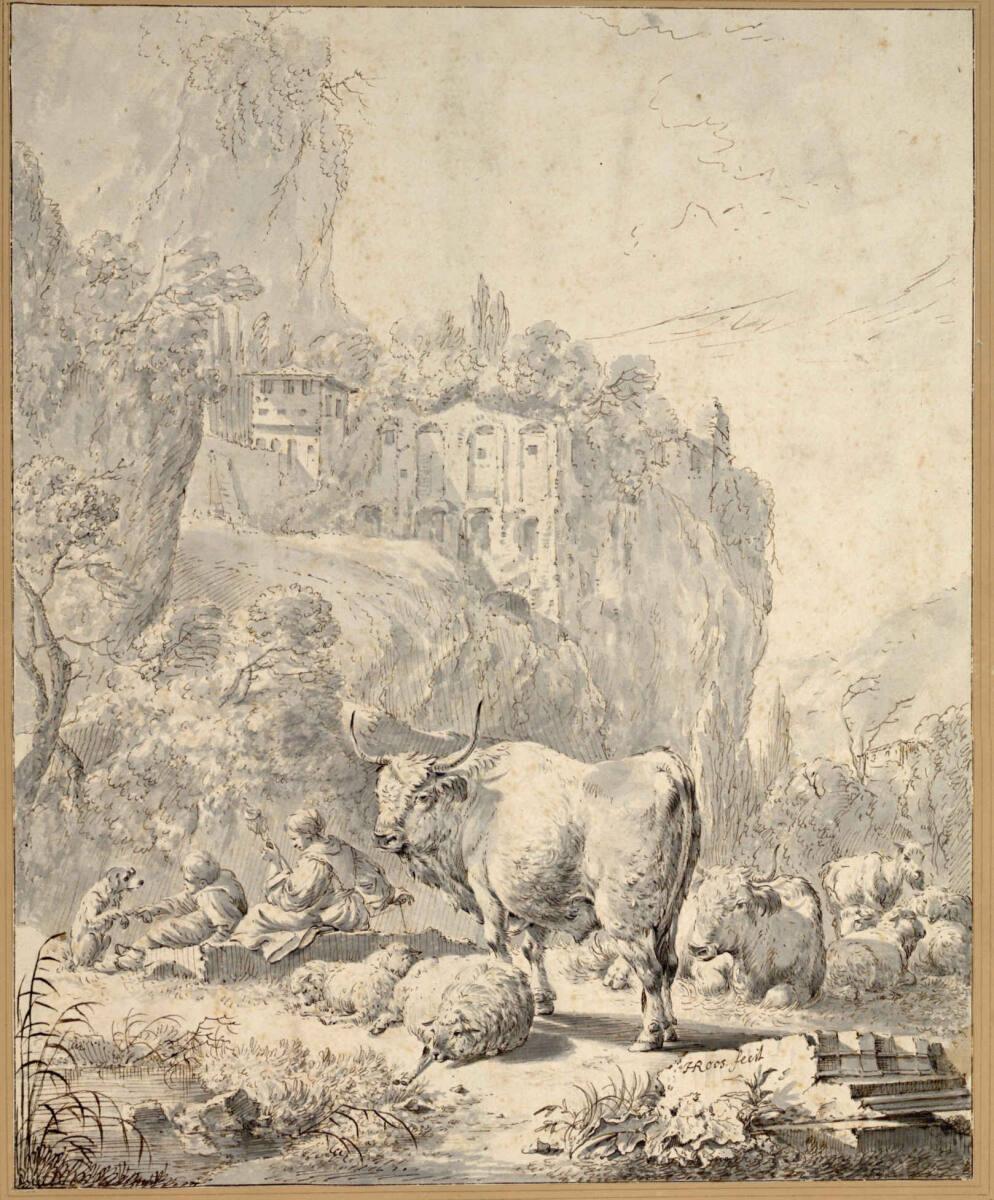 Johann Heinrich Roos, Spinnende Hirtin mit ihrem, mit einem Hunde spielenden Knaben und der Her…