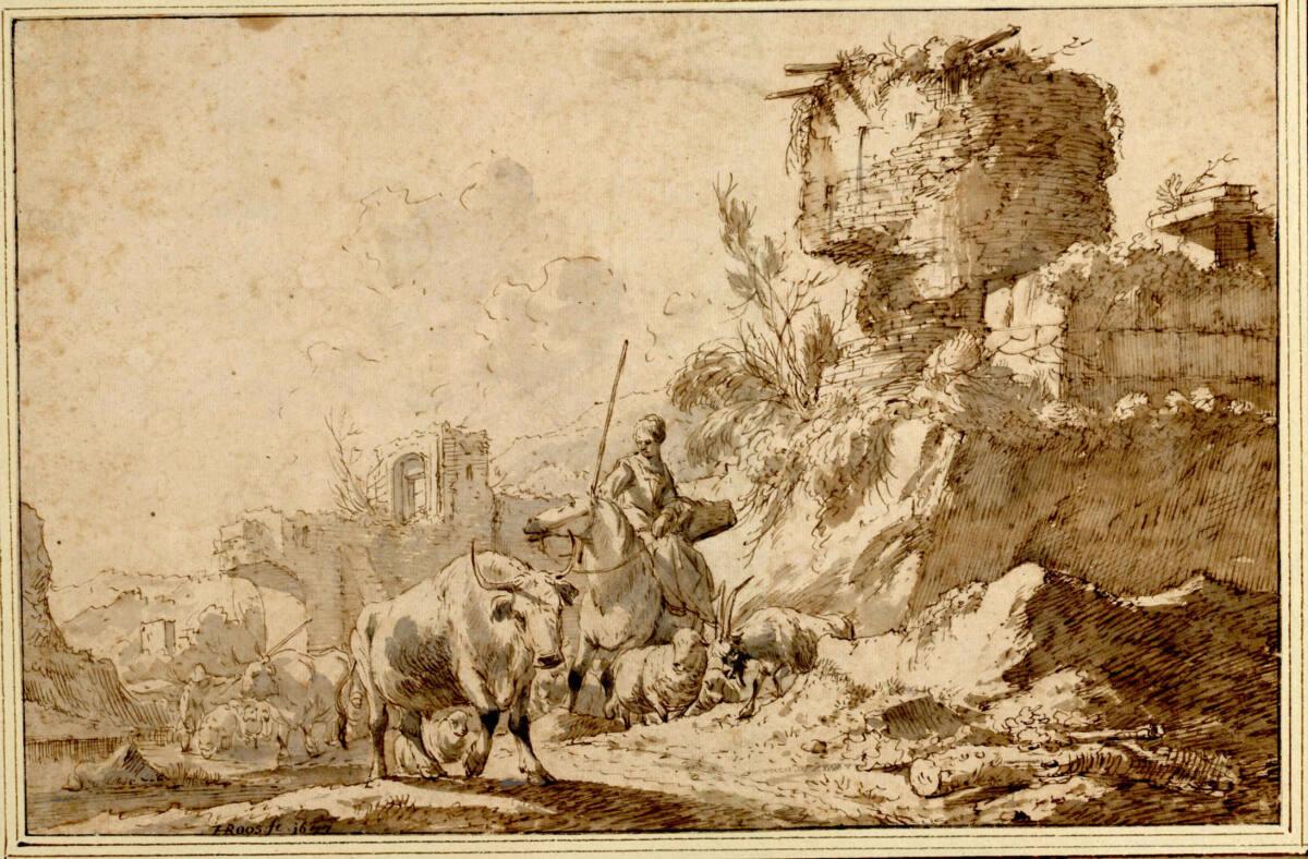 Johann Heinrich Roos, Reitende Hirtin zieht mit ihrer Herde von der Tränke weg an Ruinen vorbei…