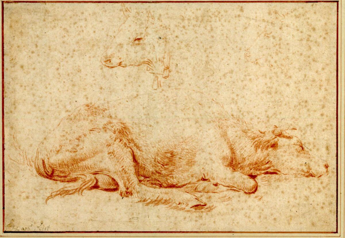 Johann Heinrich Roos, Schlafende Kuh, darüber zwei Rinderköpfe, Inv. Nr.: 3648