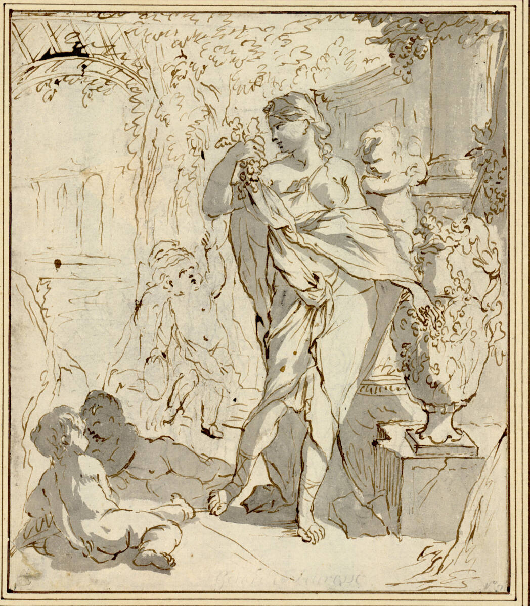 Bacchantin (Venus?) mit Weintraube und Putten, in einem Garten stehend (Venus? Pomona?), Gerard de Lairesse