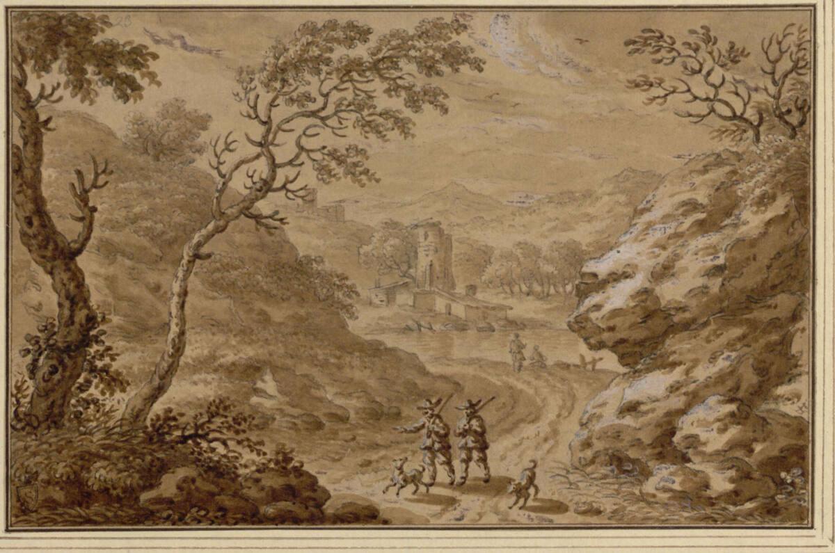 Theodor Verkruis, Hügelige Landschaft mit Jägern und ihren Hunden am Wege, Inv. Nr.: 3820