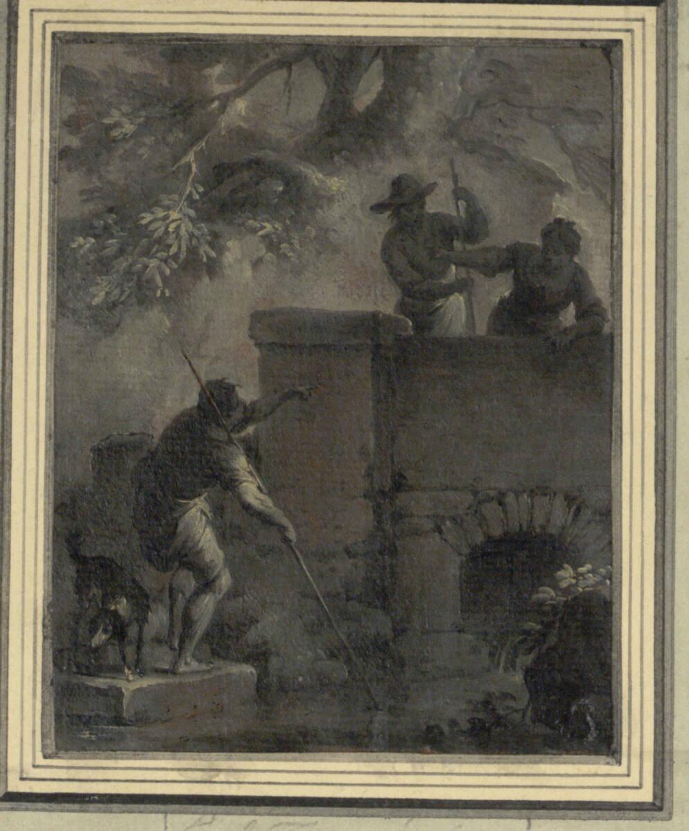 Franz de Paula Ferg, Capricci : 1. Titelblatt: Bäuerliches Paar auf einer Brücke mit einem Mann…