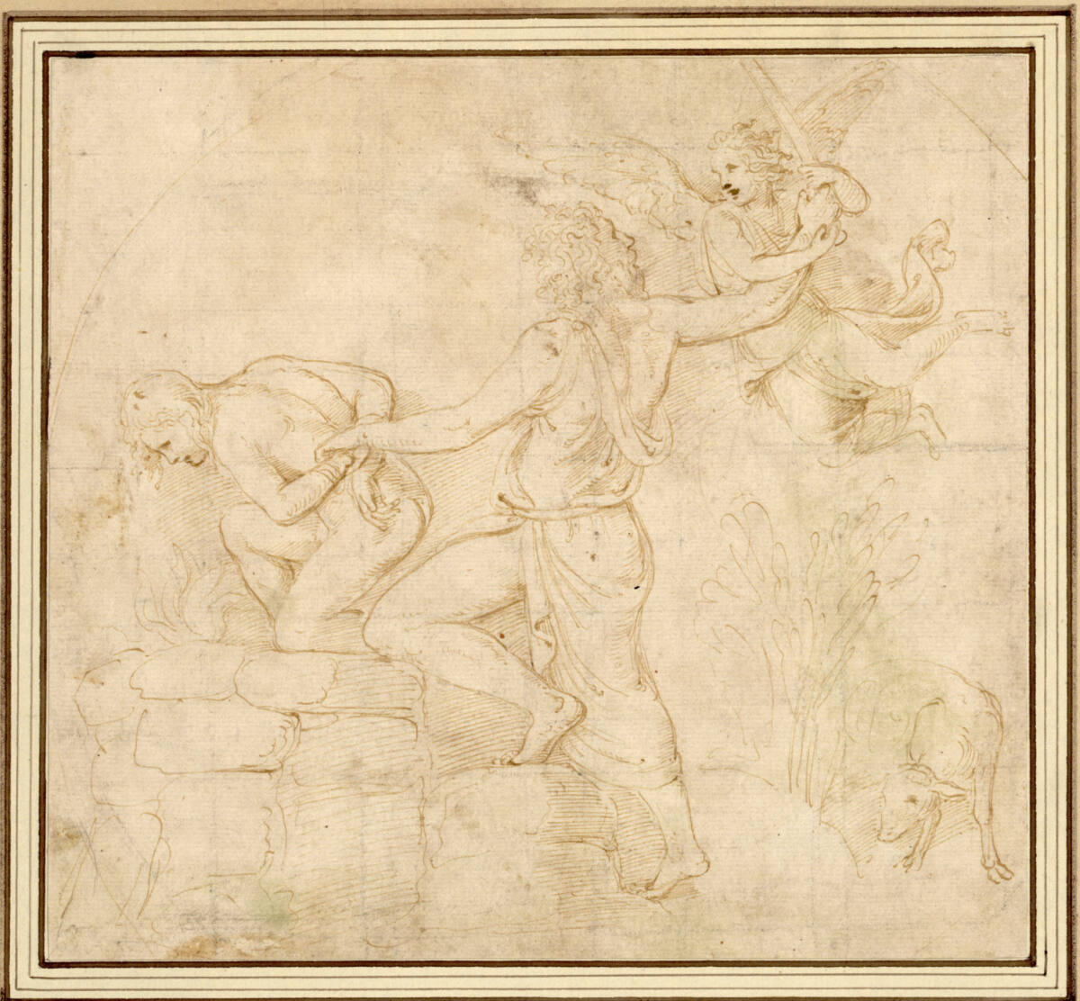 Das Opfer Abrahams; zu Abraham in Rückenansicht schwebt von rechts der Engel herab; links kniet der gefesselte Isaak auf dem Altar; rechts der Widder, Giulio Romano, 1525–1526