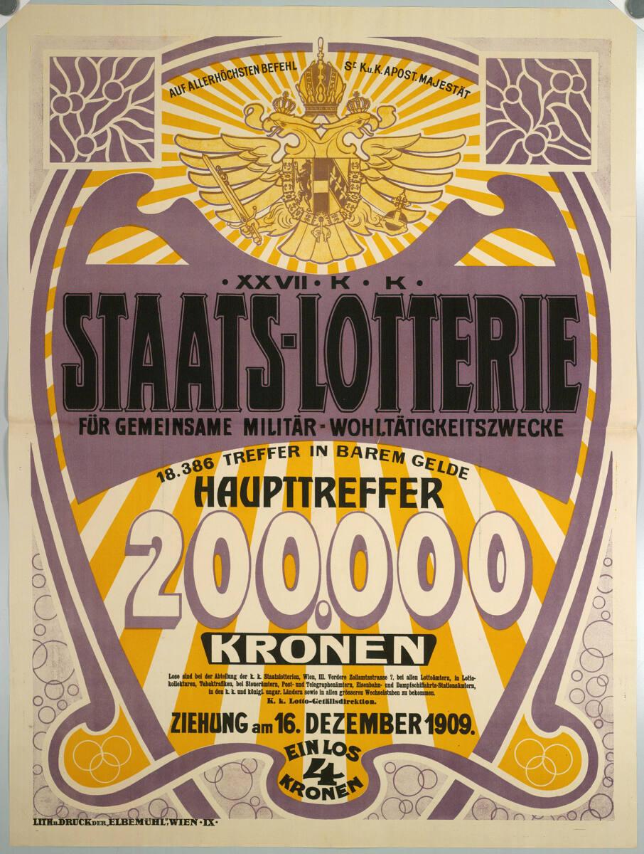 Anonym, XXVII. STAATS-LOTTERIE FÜR GEMEINSAME MILITÄR-WOHLTÄTIGKEITSZWECKE; 1909, Inv. Nr.: DG2…