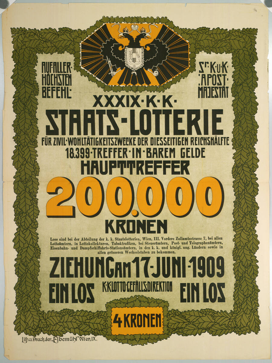 XXXIX. STAATS-LOTTERIE FÜR ZIVIL-WOHLTÄTIGKEITSZWECKE; 1909, Wien Elbemühl, 1909