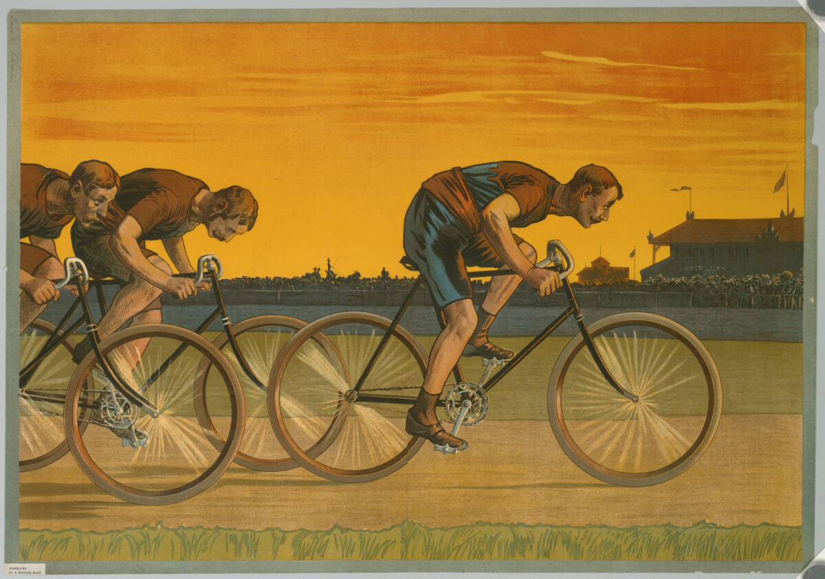 Drei Radfahrer auf der Rennbahn bei Sonnenuntergang, Hans W. Schmidt