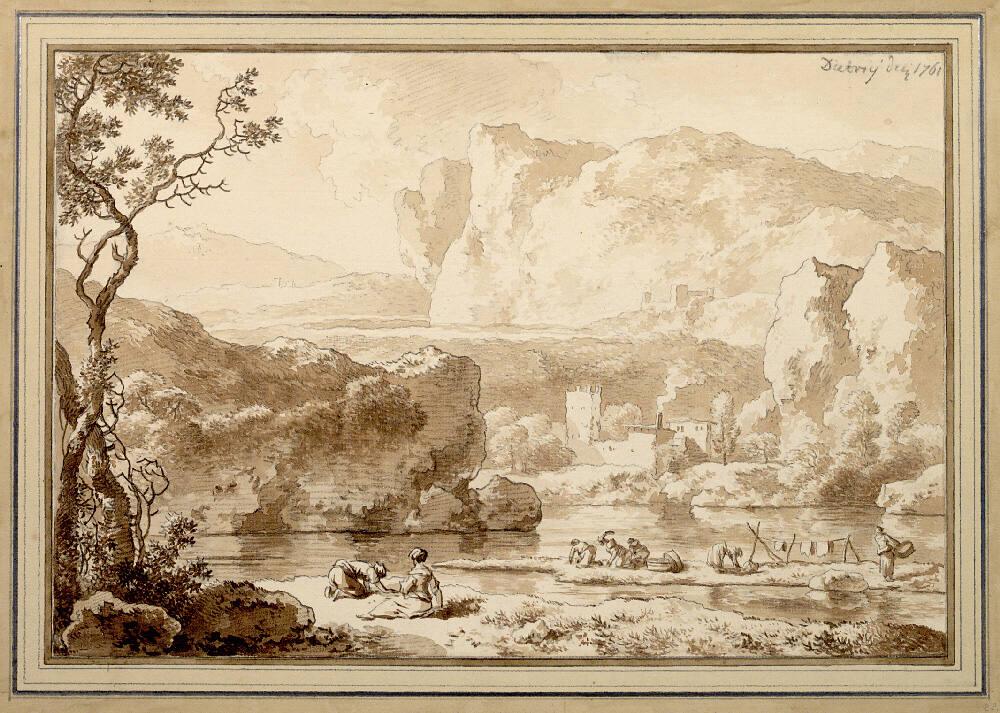 Christian Wilhelm Ernst Dietrich, Wäscherinnen auf Sandbank in italienischem Gebirgsfluss, Inv.…