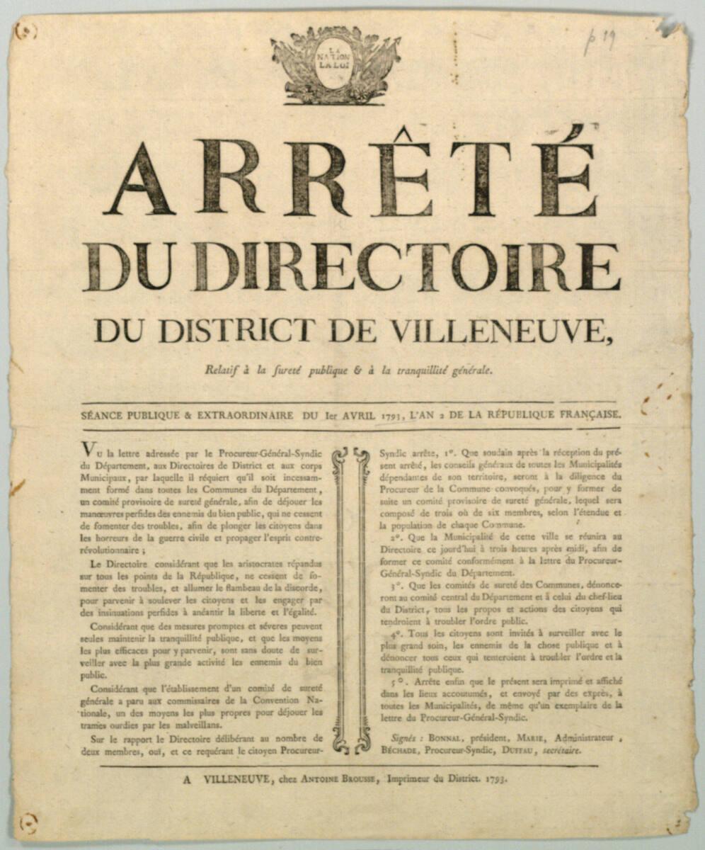 Anonym, ARRÊTÉ DU DIRECTOIRE DU DISTRICT DE VILLENEUVE; SÉANCE PUBLIQUE & EXTRAORDINAIRE DU 1er…
