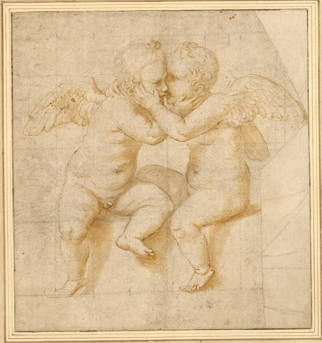 Giulio Romano, Zwei geflügelte Putten, die nebeneinander sitzen und sich umarmen und küssen, In…